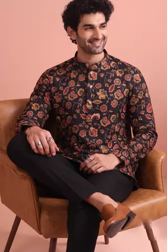 Rooted libaas multicolor digital print cotton blend full sleeves short kurta
