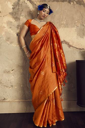Orange Silk blend with handloom weaving festival wear saree