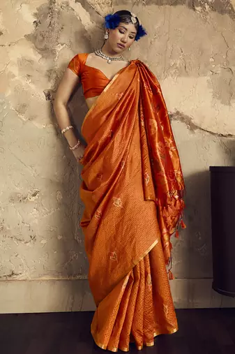 Orange Silk blend with handloom weaving festival wear saree