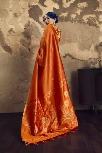 Orange Silk blend with handloom weaving festival wear saree