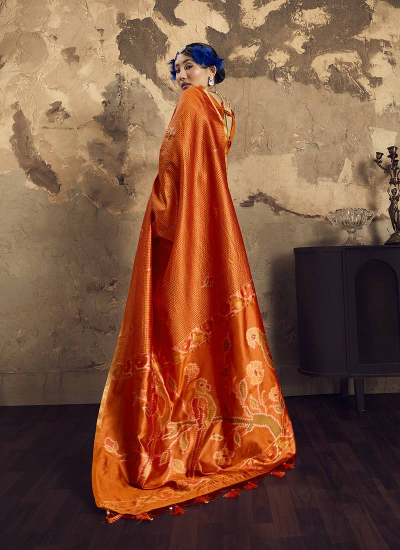 Orange Silk blend with handloom weaving festival wear saree