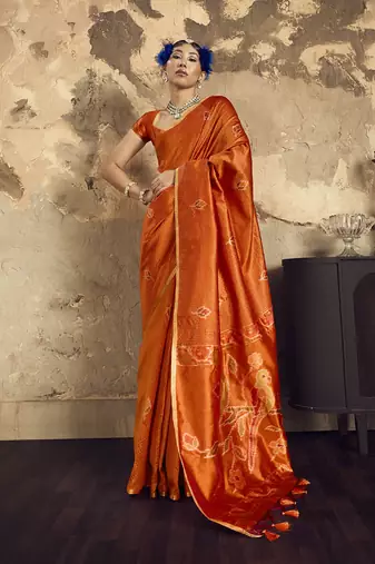 Orange Silk blend with handloom weaving festival wear saree