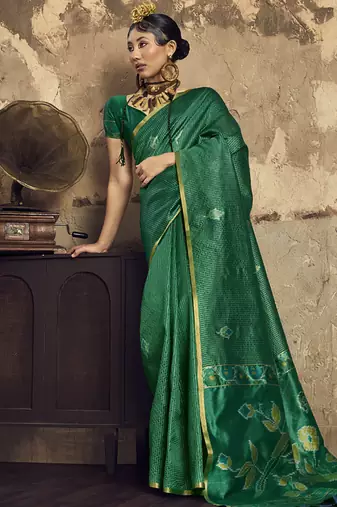 Green Silk blend with handloom weaving festival wear saree
