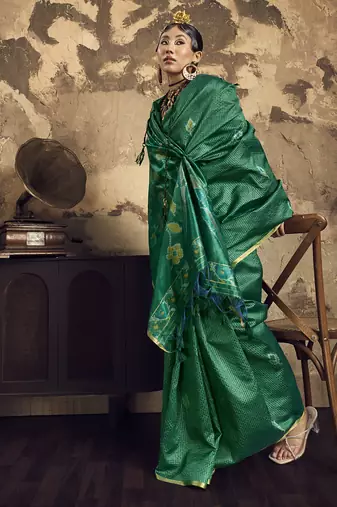 Green Silk blend with handloom weaving festival wear saree