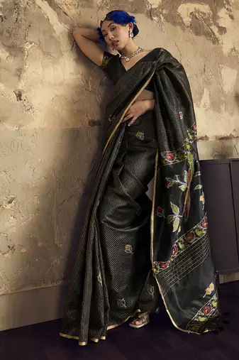 Black Silk blend with handloom weaving festival wear saree