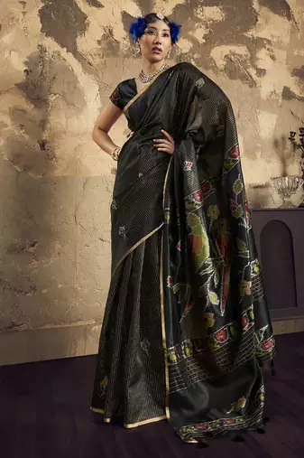 Black Silk blend with handloom weaving festival wear saree