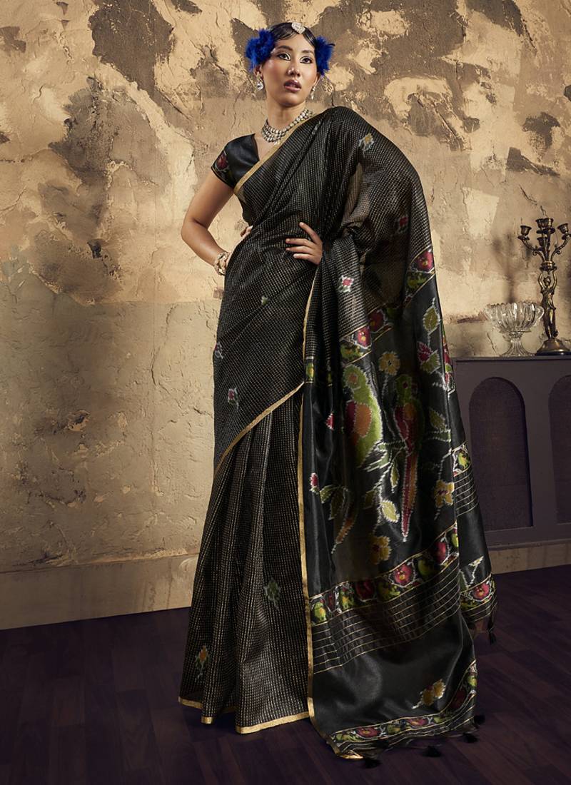 Black Silk blend with handloom weaving festival wear saree