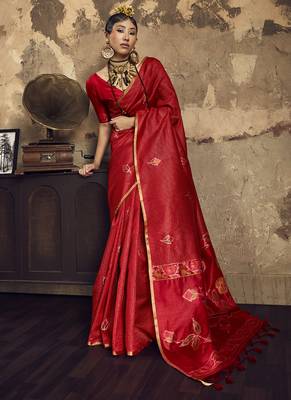 Red Silk blend with handloom weaving festival wear saree 1