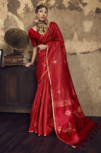 Red Silk blend with handloom weaving festival wear saree