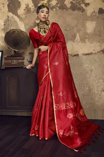 Red Silk blend with handloom weaving festival wear saree