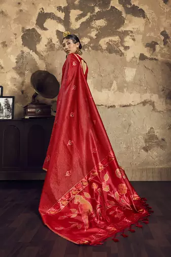 Red Silk blend with handloom weaving festival wear saree
