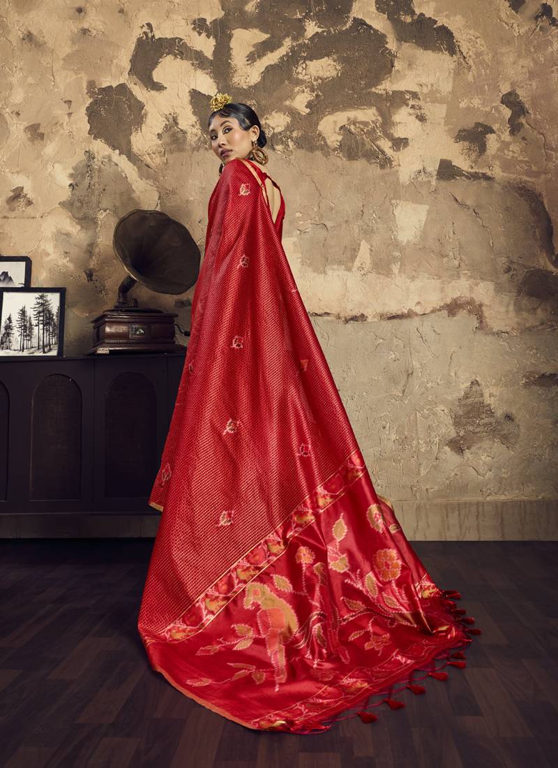 Red Silk blend with handloom weaving festival wear saree