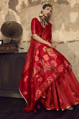Red Silk blend with handloom weaving festival wear saree