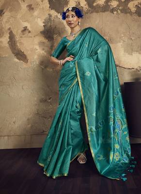 Turquoise Silk blend with handloom weaving festival wear saree 1