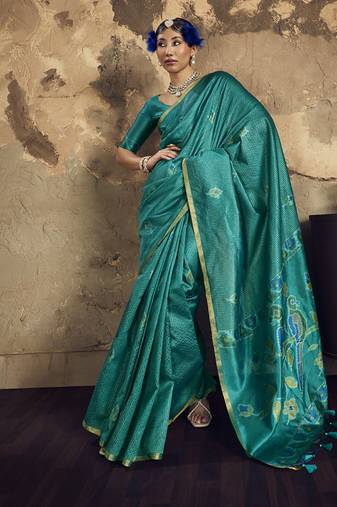 Turquoise Silk blend with handloom weaving festival wear saree