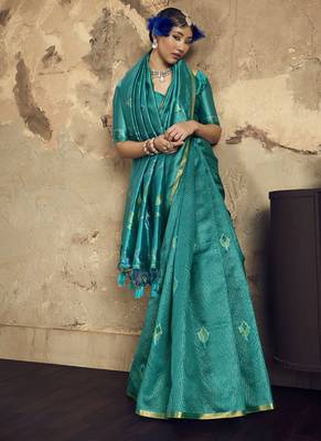 Turquoise Silk blend with handloom weaving festival wear saree 2