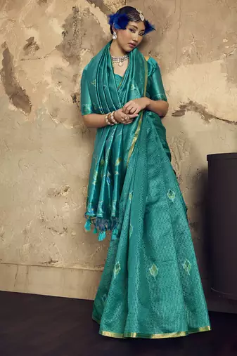Turquoise Silk blend with handloom weaving festival wear saree