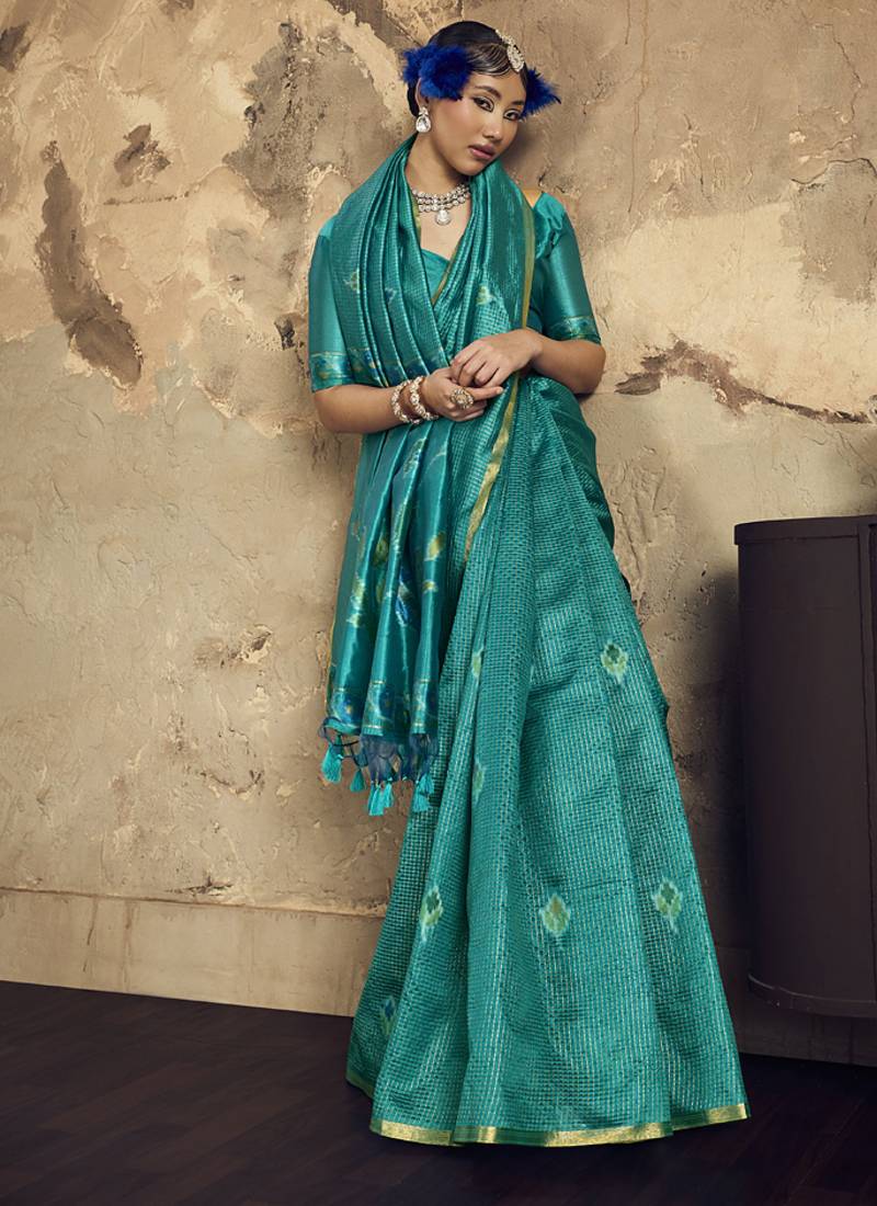 Turquoise Silk blend with handloom weaving festival wear saree