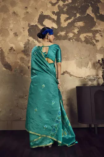 Turquoise Silk blend with handloom weaving festival wear saree