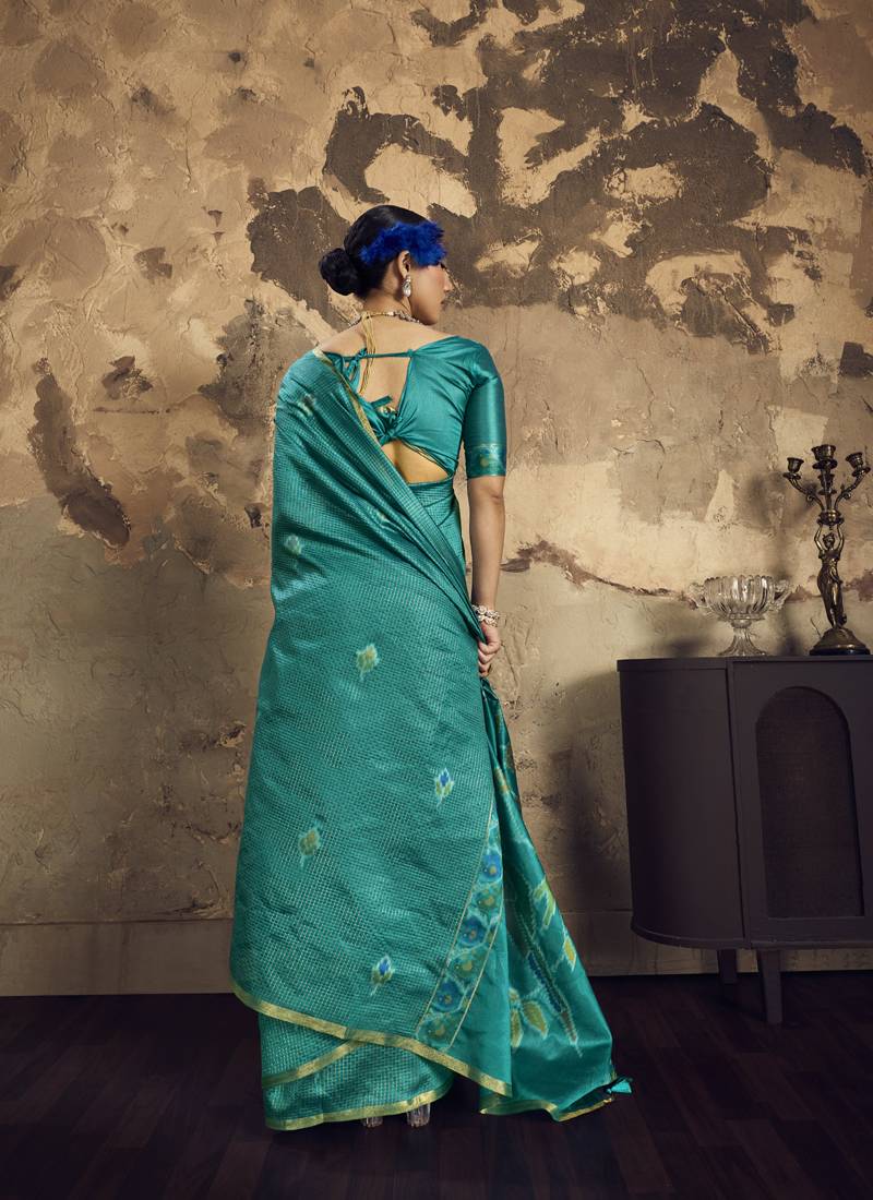 Turquoise Silk blend with handloom weaving festival wear saree