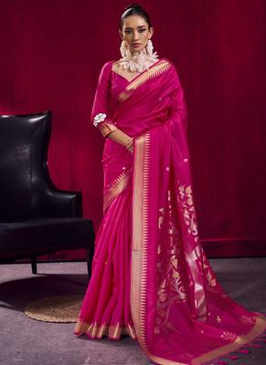 Rani pink satin linen handloom weaving silk festival wear saree 1