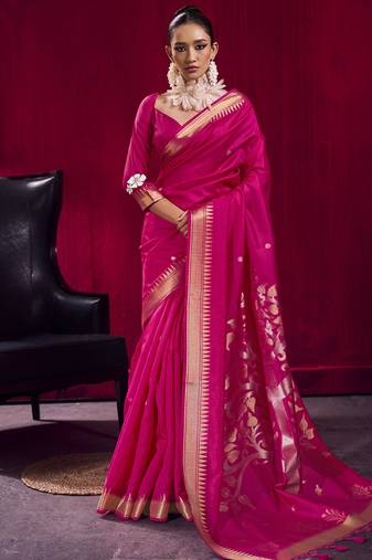 Rani pink satin linen handloom weaving silk festival wear saree