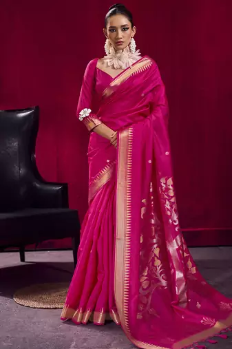 Rani pink satin linen handloom weaving silk festival wear saree