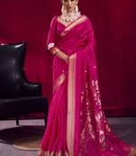 Rani pink satin linen handloom weaving silk festival wear saree
