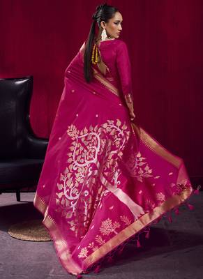 Rani pink satin linen handloom weaving silk festival wear saree 2