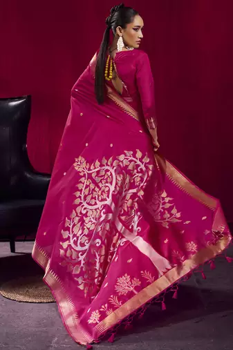 Rani pink satin linen handloom weaving silk festival wear saree