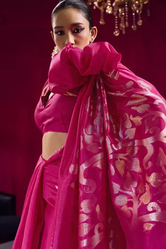 Rani pink satin linen handloom weaving silk festival wear saree