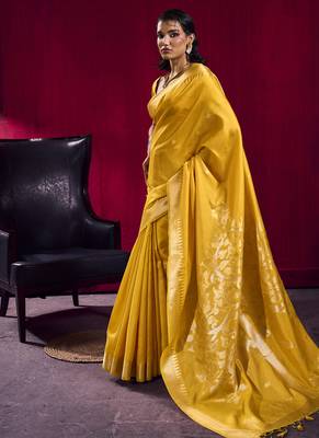 Mustard satin linen handloom weaving silk festival wear saree 1