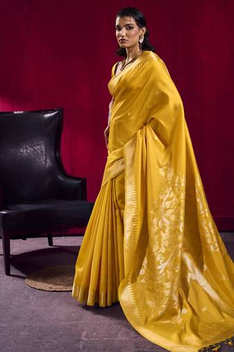 Mustard satin linen handloom weaving silk festival wear saree
