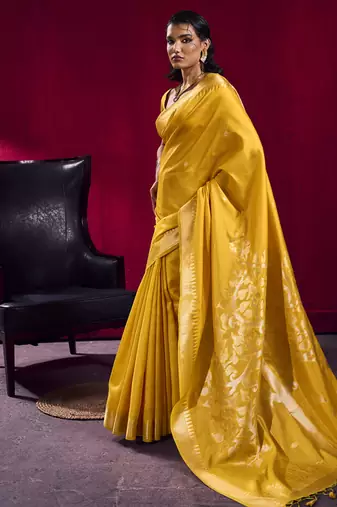 Mustard satin linen handloom weaving silk festival wear saree
