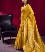 Mustard satin linen handloom weaving silk festival wear saree