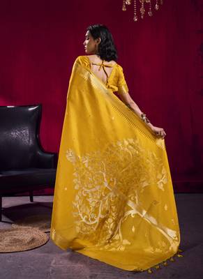 Mustard satin linen handloom weaving silk festival wear saree 2