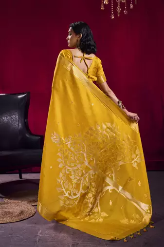 Mustard satin linen handloom weaving silk festival wear saree