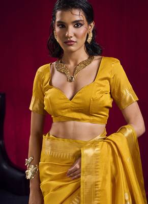 Mustard satin linen handloom weaving silk festival wear saree 3
