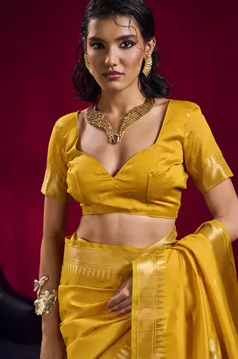 Mustard satin linen handloom weaving silk festival wear saree