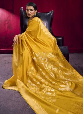 Mustard satin linen handloom weaving silk festival wear saree 4