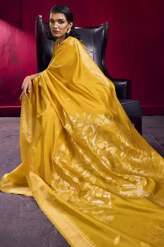 Mustard satin linen handloom weaving silk festival wear saree