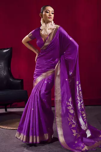 Magenta satin linen handloom weaving silk festival wear saree