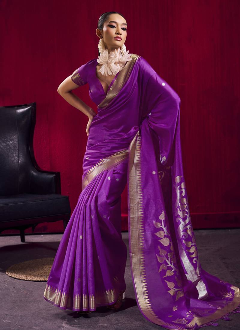 Magenta satin linen handloom weaving silk festival wear saree