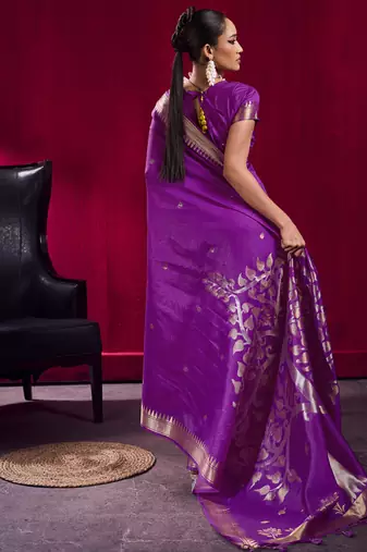 Magenta satin linen handloom weaving silk festival wear saree