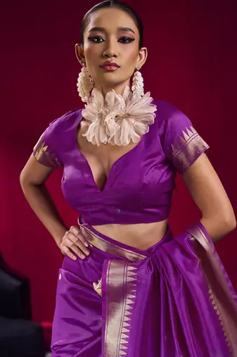 Magenta satin linen handloom weaving silk festival wear saree