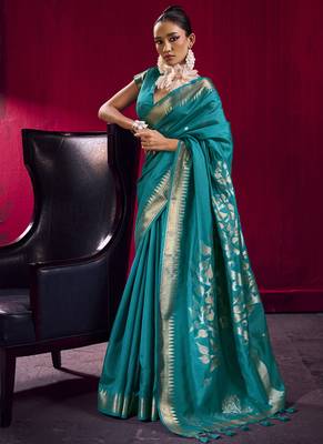 Aqua blue satin linen handloom weaving silk festival wear saree 1