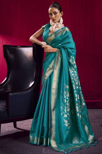 Aqua blue satin linen handloom weaving silk festival wear saree