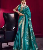 Aqua blue satin linen handloom weaving silk festival wear saree