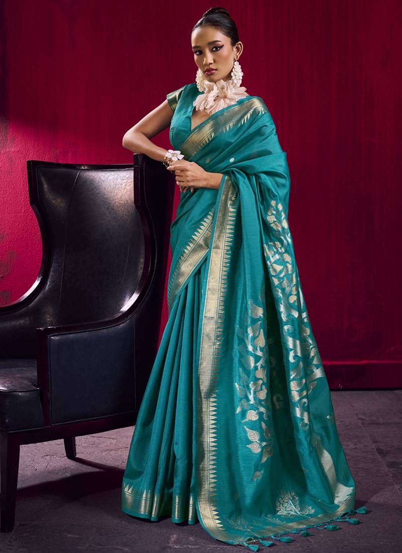 Aqua blue satin linen handloom weaving silk festival wear saree