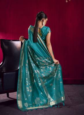 Aqua blue satin linen handloom weaving silk festival wear saree 2